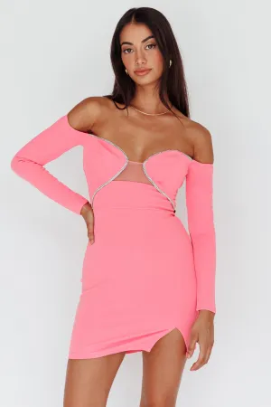 A-List Diamante Trim Long Sleeve Mini Dress Hot Pink