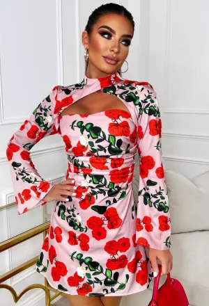 Buy Me Roses Pink Long Sleeve Satin Cut Out Mini Dress