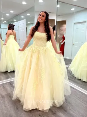 Chic A-Line Spaghetti Straps Yellow Lace Prom Dress Elegant Party Dress #LOP002