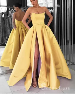 Chic A-line Strapless Satin Long Prom Dresses Yellow Evening Dress CBD274