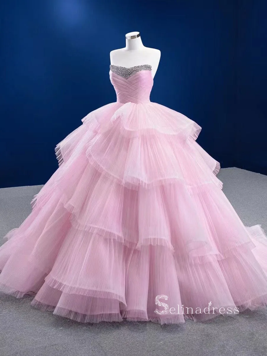 Chic Ball Gown luxury Princess Long Prom Dress Sweetheart Pink Long Evening Gowns MLSD005