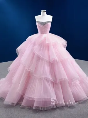 Chic Ball Gown luxury Princess Long Prom Dress Sweetheart Pink Long Evening Gowns MLSD005