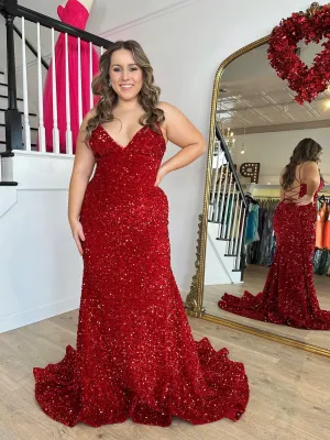 Chic Mermaid Spaghetti Straps Sequins Long Prom Dress Red Elegant Evening Dress #JKSS619