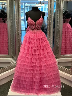 Chic Spaghetti Straps Pink Long Prom Dresses Elegant Frill Layered Evening Dresses lpk115