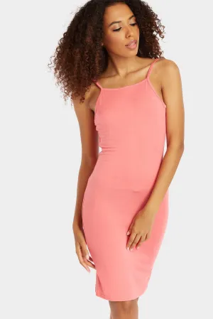 Coral Scoop Back Bodycon Midi Dress