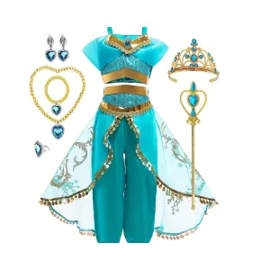 Cosplay Style Girls Shiny Off Should Top & Long Lace Pant Set, Girls Princess Costume For Summer Halloween Party