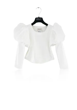 DOLLY WORLD PUFF LONG SLEEVE ORGANZA TOP WITH COTTON BODY white