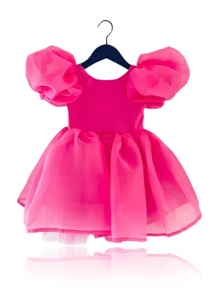 DOLLY WORLD V-BACK PUFF SLEEVE ORGANZA TUTU DRESS barbiepink