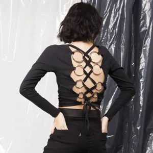 Gothic Sexy Navel Trendy Backless Lace Up Long Sleeve Shirt