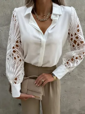 Lace Sleeve Button Up Blouse (White)