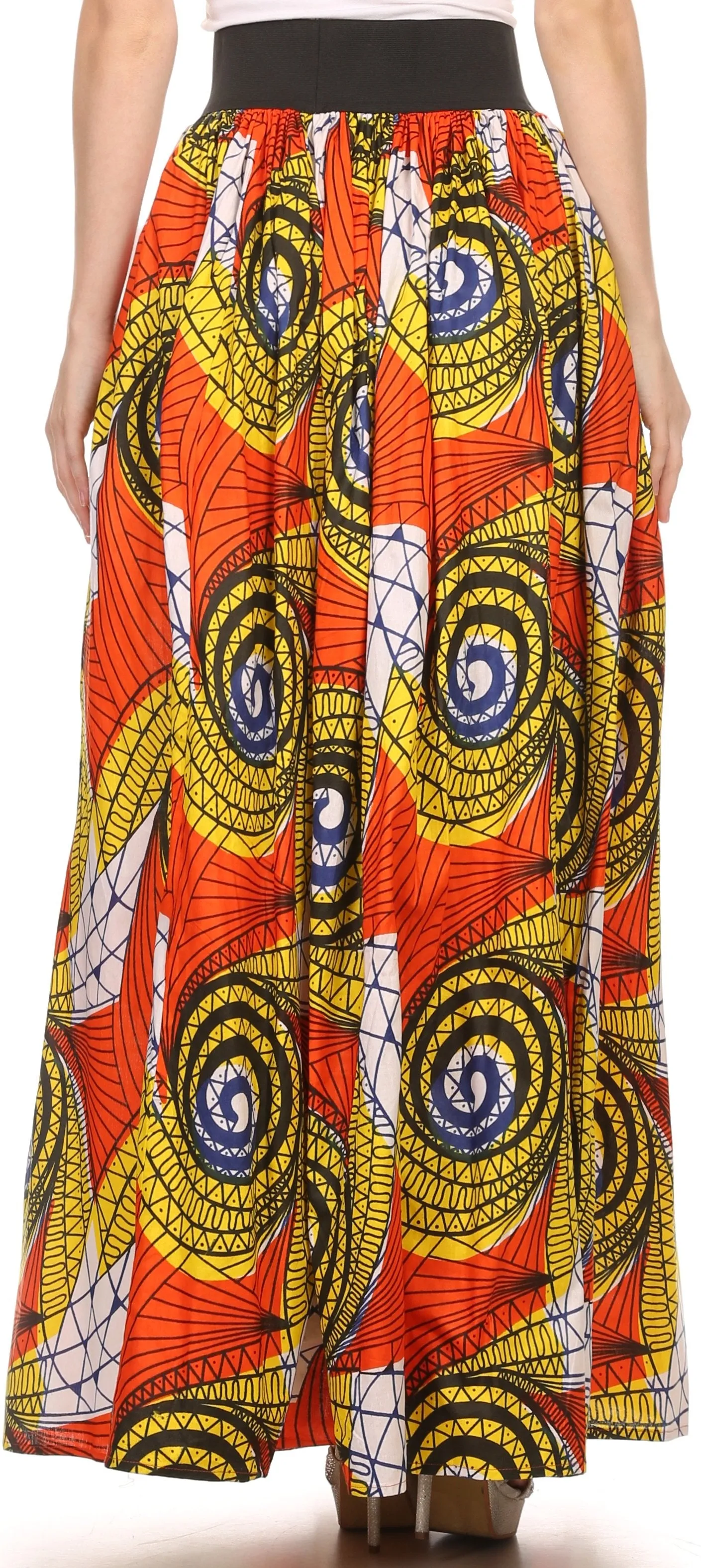 Sakkas Fawna Patterned Long Wax Print Adjustable Waist Skirt With Pockets