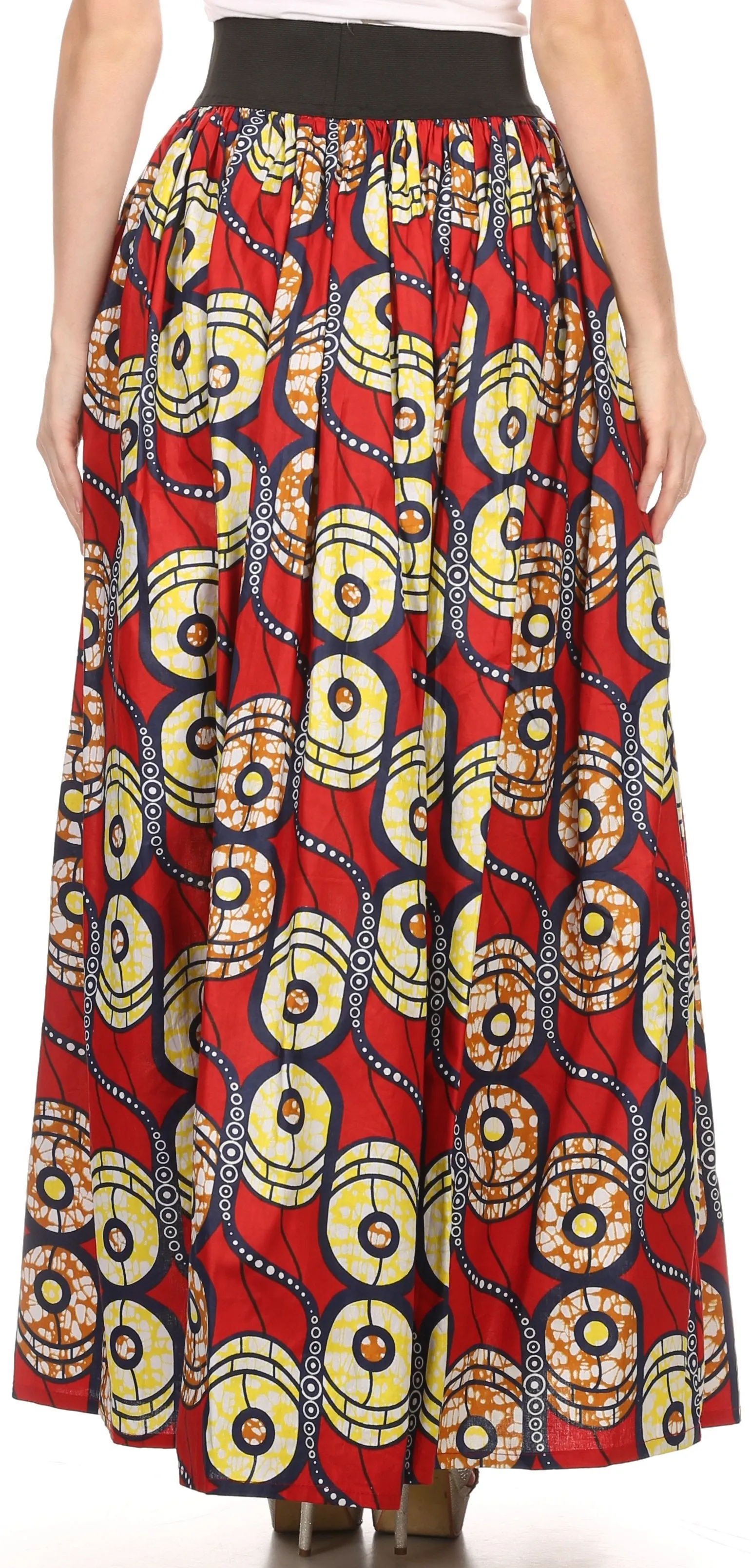 Sakkas Fawna Patterned Long Wax Print Adjustable Waist Skirt With Pockets