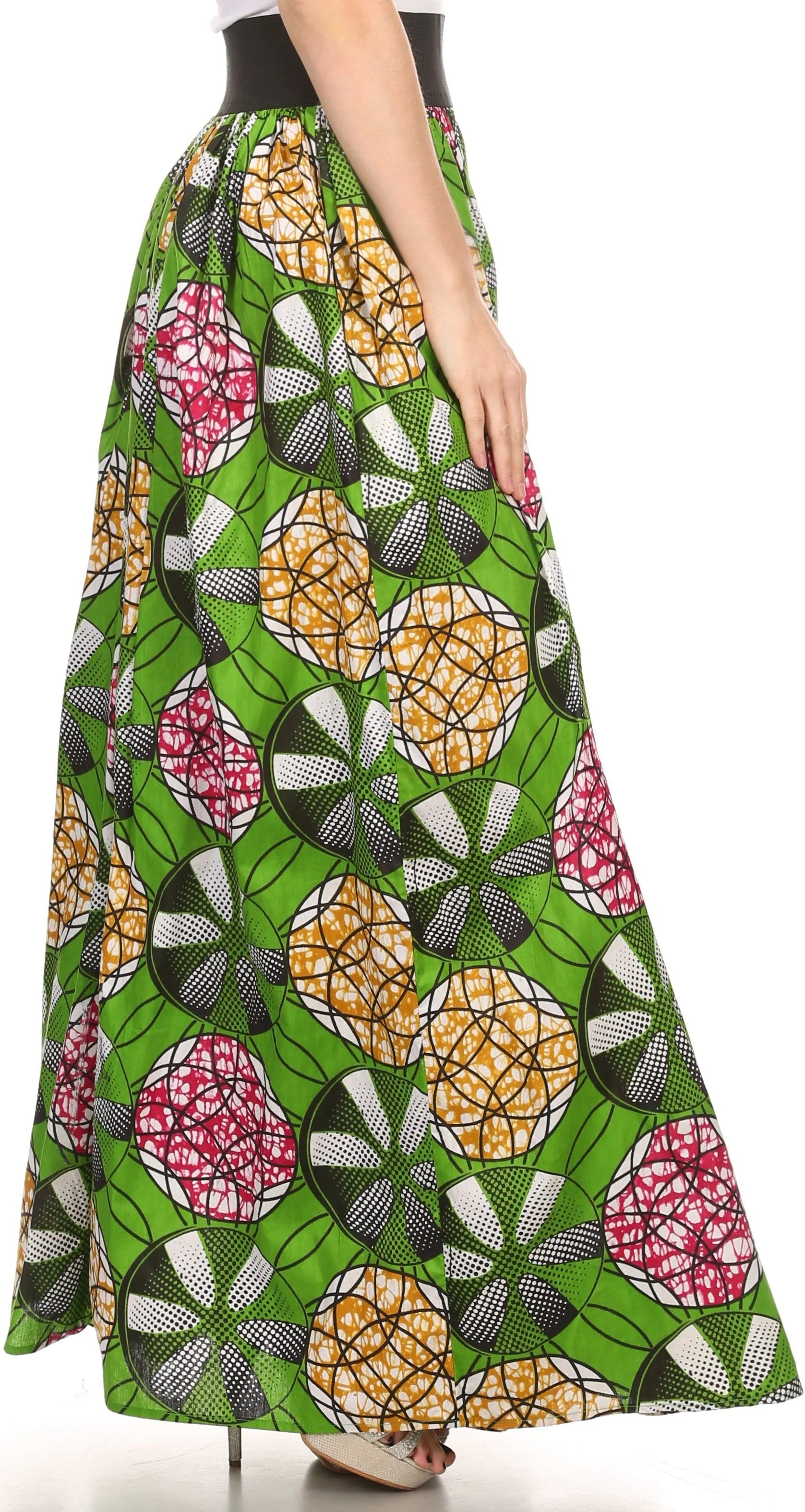 Sakkas Fawna Patterned Long Wax Print Adjustable Waist Skirt With Pockets