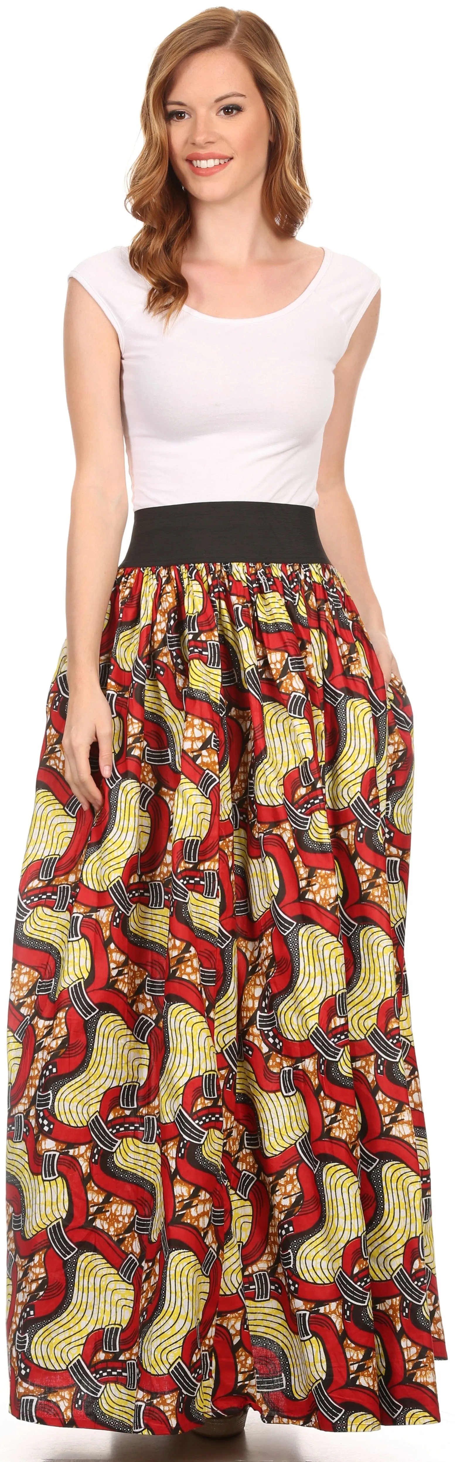 Sakkas Fawna Patterned Long Wax Print Adjustable Waist Skirt With Pockets