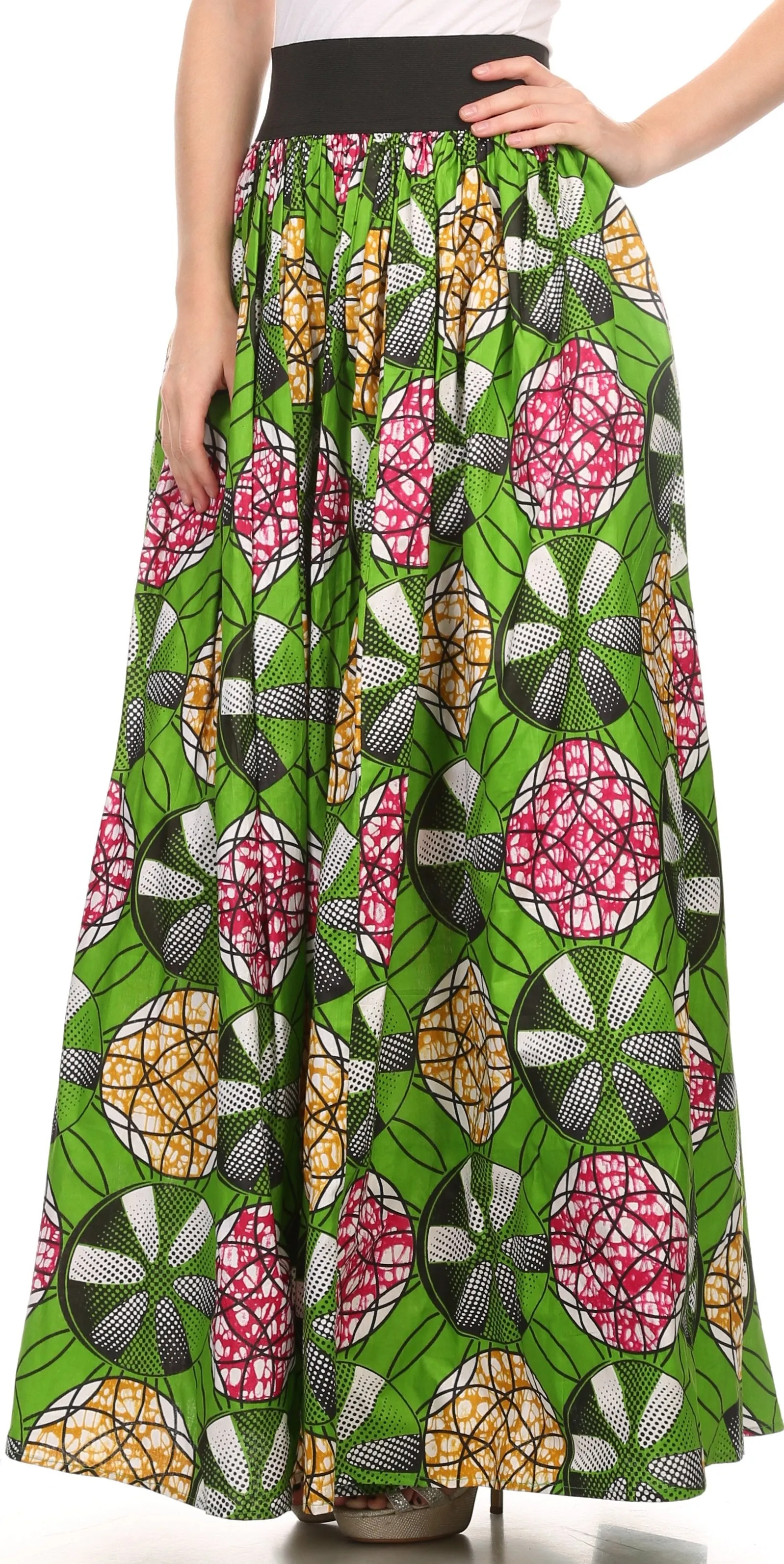 Sakkas Fawna Patterned Long Wax Print Adjustable Waist Skirt With Pockets