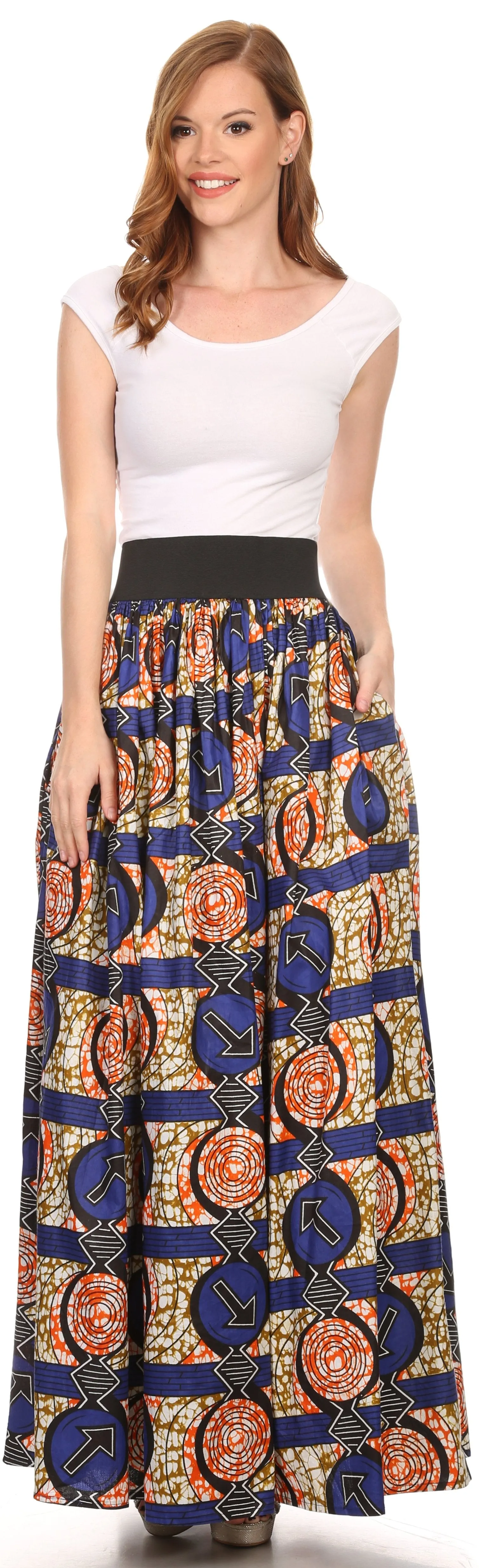 Sakkas Fawna Patterned Long Wax Print Adjustable Waist Skirt With Pockets