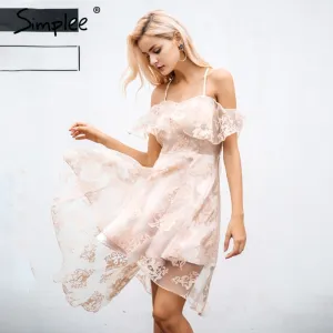 Sexy Elegant Ruffle Off Shoulder Flower Embroidery Mesh Dress